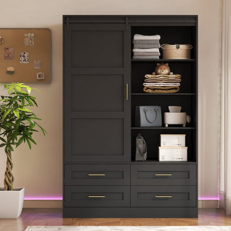 Black MDF Sliding Barn Door Armoire Wardrobe Cabinet - Restanew - Sleep Galleria