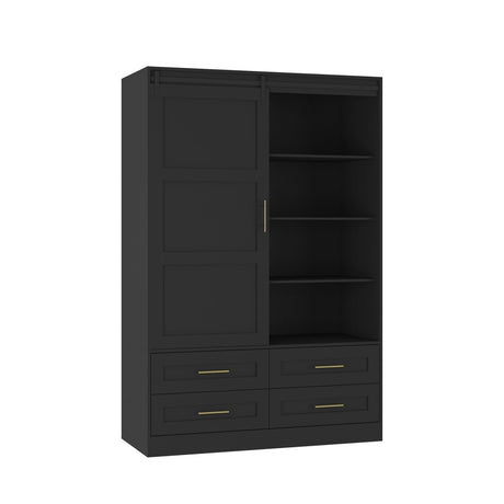 Black MDF Sliding Barn Door Armoire Wardrobe Cabinet - Restanew - Sleep Galleria