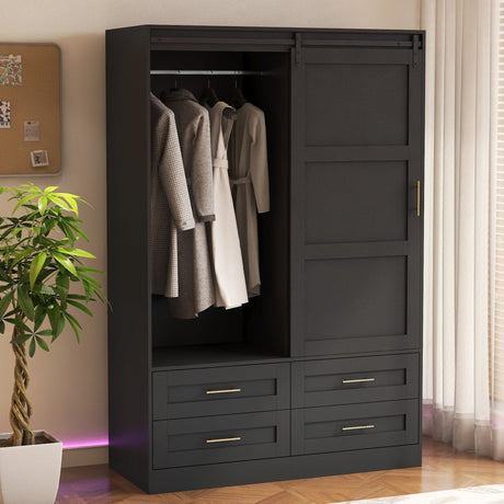 Black MDF Sliding Barn Door Armoire Wardrobe Cabinet - Restanew - Sleep Galleria