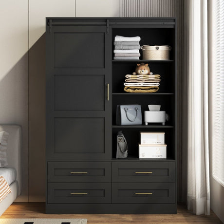 Black MDF Sliding Barn Door Armoire Wardrobe Cabinet - Restanew - Sleep Galleria