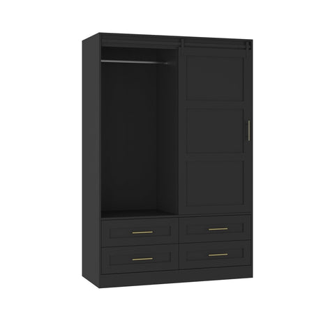 Black MDF Sliding Barn Door Armoire Wardrobe Cabinet - Restanew - Sleep Galleria
