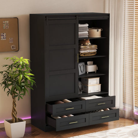 Black MDF Sliding Barn Door Armoire Wardrobe Cabinet - Restanew - Sleep Galleria