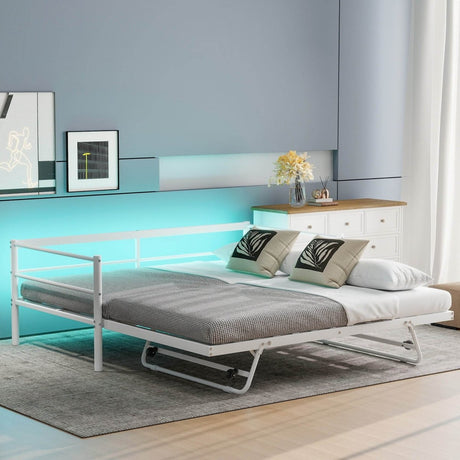 Twin Metal Daybed With LED Adjustable Pop - Up Trundle - Restanew - Sleep Galleria