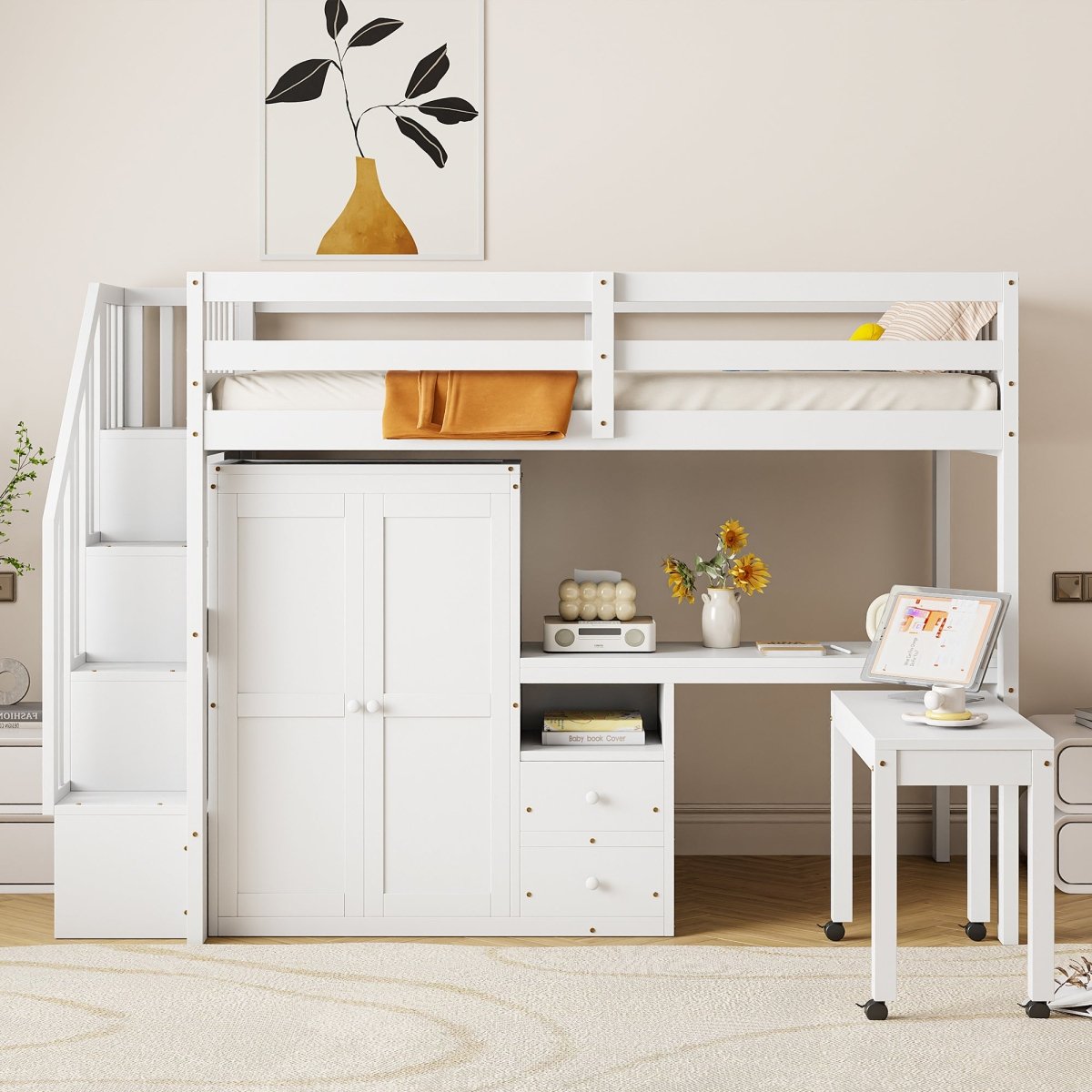 Twin Multifunctional Loft Bed With Storage Desk Drawers - Restanew - Sleep Galleria