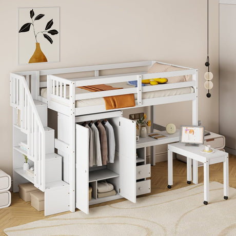 Twin Multifunctional Loft Bed With Storage Desk Drawers - Restanew - Sleep Galleria
