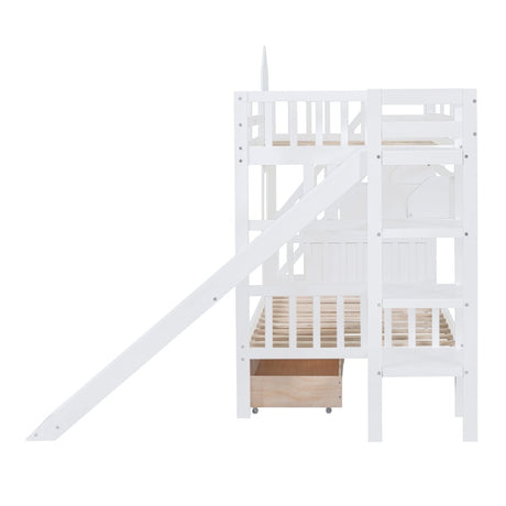 Twin - Over - Twin Solid Wood Castle Style Bunk Bed With Slide - Restanew - Sleep Galleria