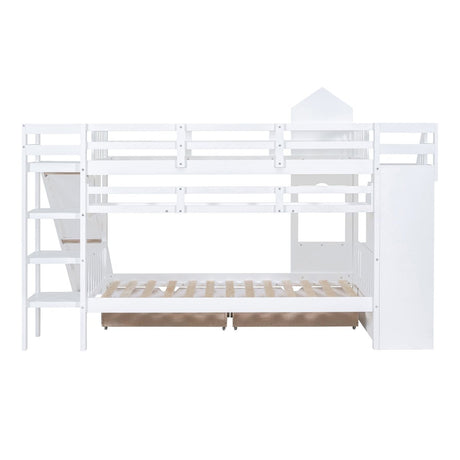 Twin - Over - Twin Solid Wood Castle Style Bunk Bed With Slide - Restanew - Sleep Galleria