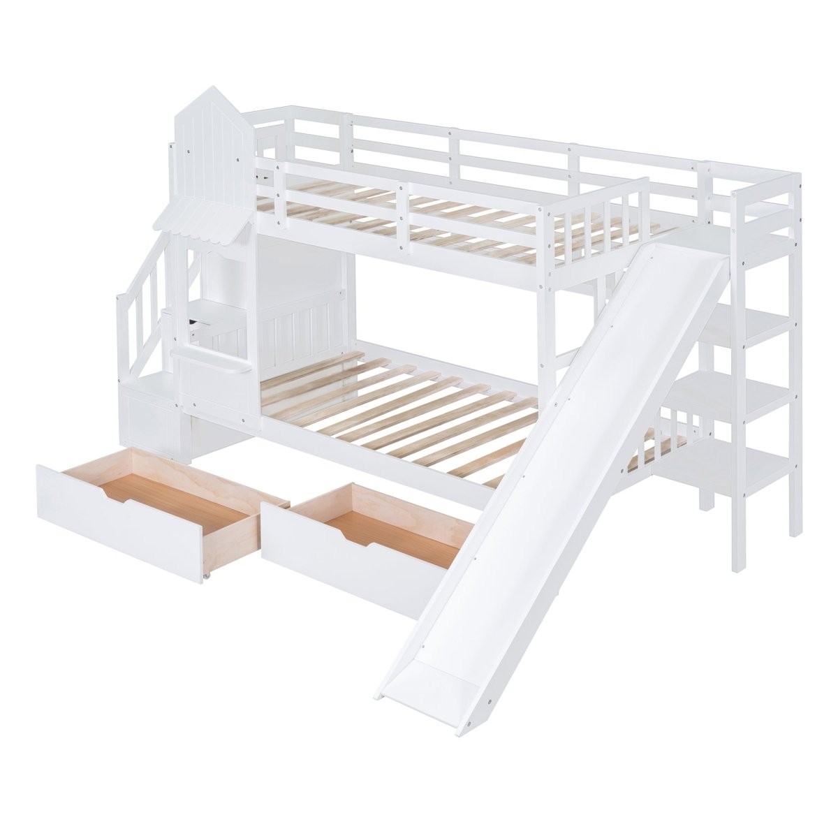 Twin - Over - Twin Solid Wood Castle Style Bunk Bed With Slide - Restanew - Sleep Galleria