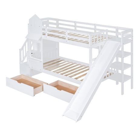 Twin - Over - Twin Solid Wood Castle Style Bunk Bed With Slide - Restanew - Sleep Galleria