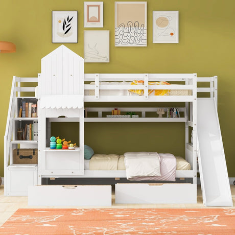 Twin - Over - Twin Solid Wood Castle Style Bunk Bed With Slide - Restanew - Sleep Galleria