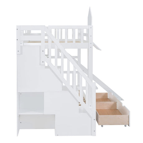 Twin - Over - Twin Solid Wood Castle Style Bunk Bed With Slide - Restanew - Sleep Galleria
