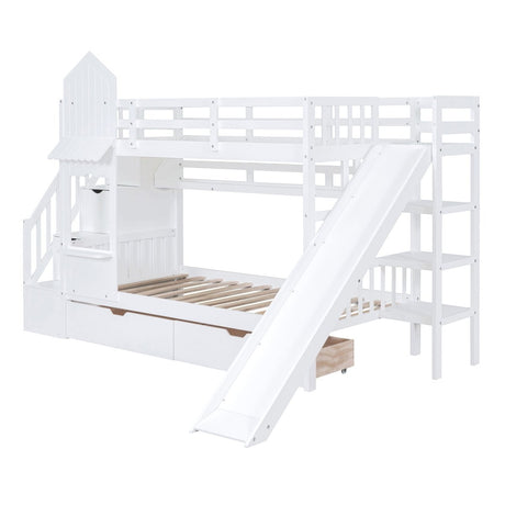 Twin - Over - Twin Solid Wood Castle Style Bunk Bed With Slide - Restanew - Sleep Galleria