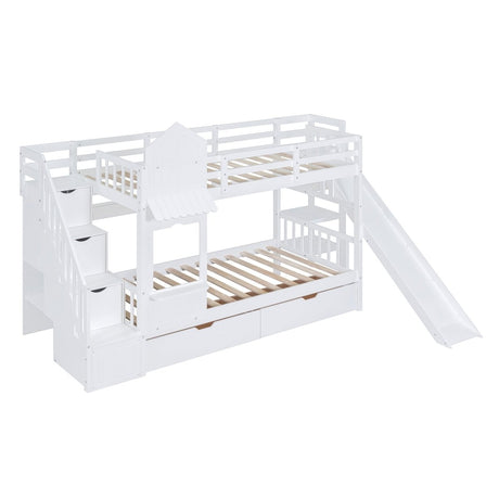Twin - Over - Twin Solid Wood Castle Style Bunk Bed With Slide - Restanew - Sleep Galleria