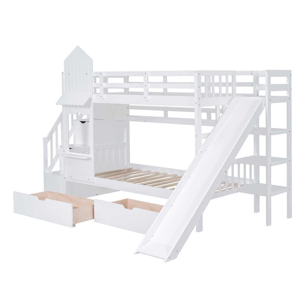 Twin - Over - Twin Solid Wood Castle Style Bunk Bed With Slide - Restanew - Sleep Galleria