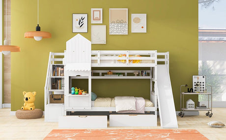 Twin - Over - Twin Solid Wood Castle Style Bunk Bed With Slide - Restanew - Sleep Galleria