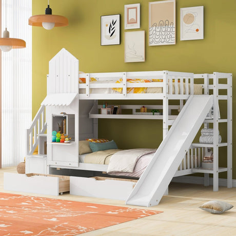 Twin - Over - Twin Solid Wood Castle Style Bunk Bed With Slide - Restanew - Sleep Galleria