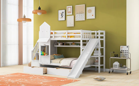 Twin - Over - Twin Solid Wood Castle Style Bunk Bed With Slide - Restanew - Sleep Galleria