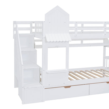 Twin - Over - Twin Solid Wood Castle Style Bunk Bed With Slide - Restanew - Sleep Galleria