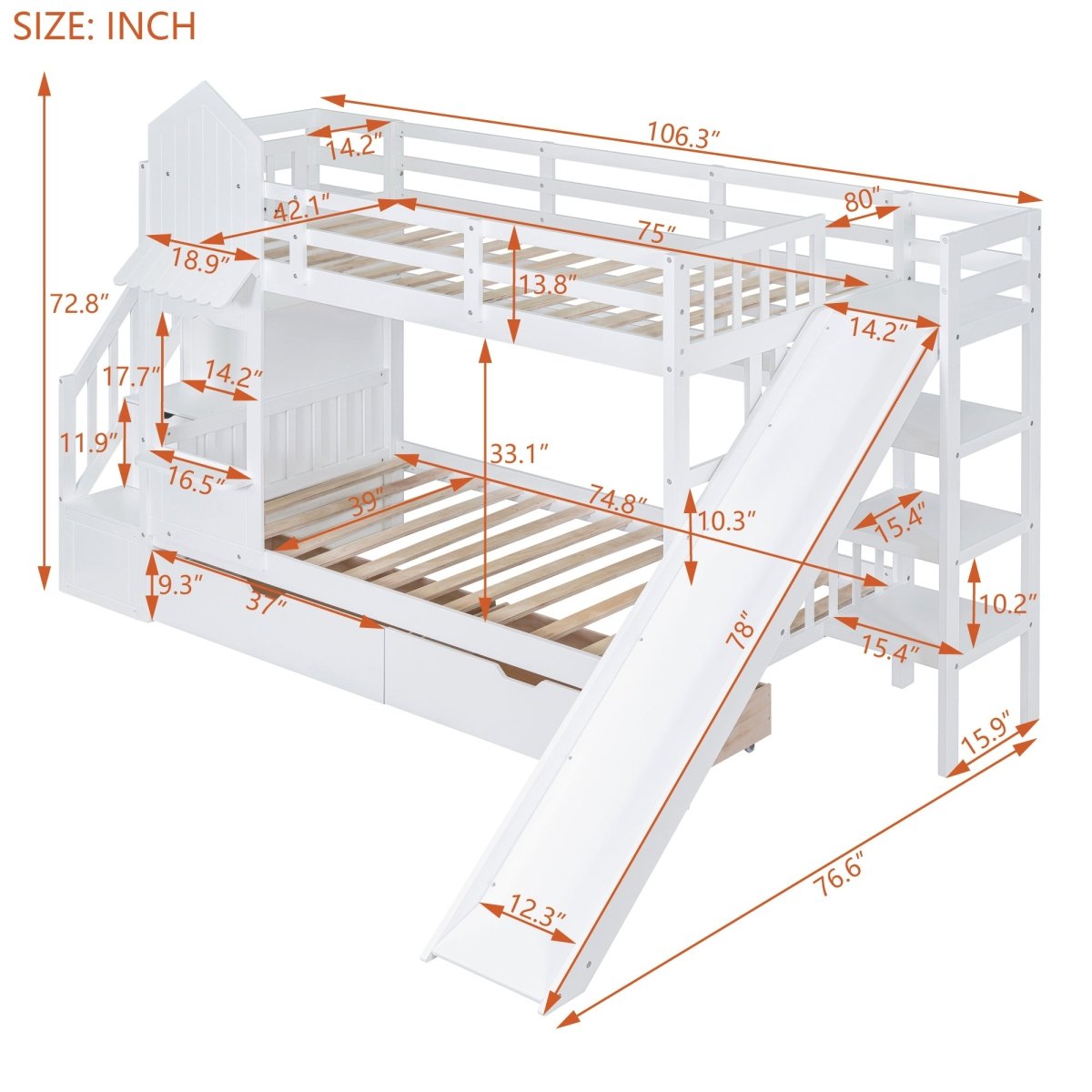 Twin - Over - Twin Solid Wood Castle Style Bunk Bed With Slide - Restanew - Sleep Galleria