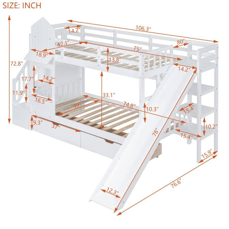 Twin - Over - Twin Solid Wood Castle Style Bunk Bed With Slide - Restanew - Sleep Galleria