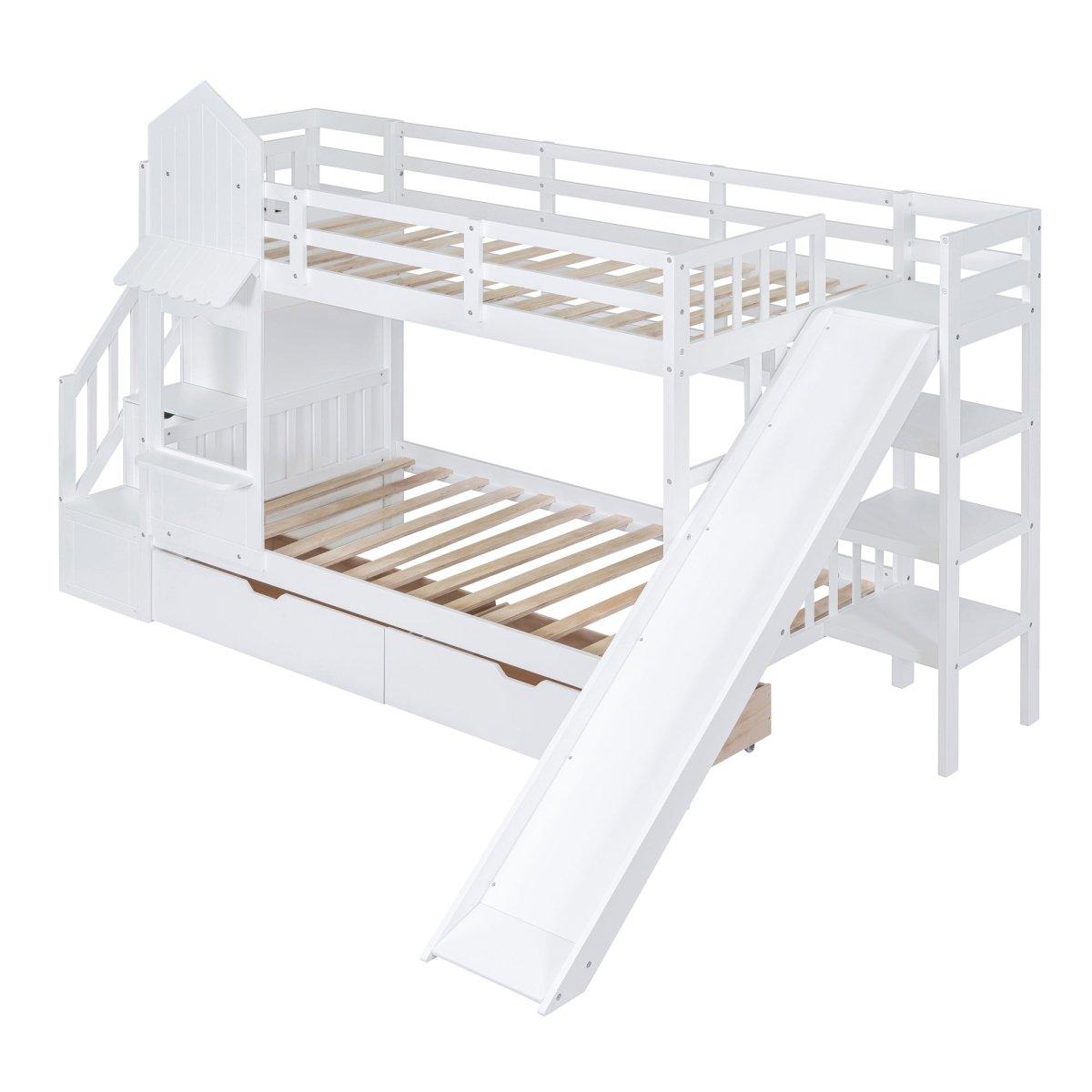 Twin - Over - Twin Solid Wood Castle Style Bunk Bed With Slide - Restanew - Sleep Galleria