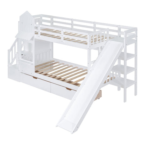 Twin - Over - Twin Solid Wood Castle Style Bunk Bed With Slide - Restanew - Sleep Galleria