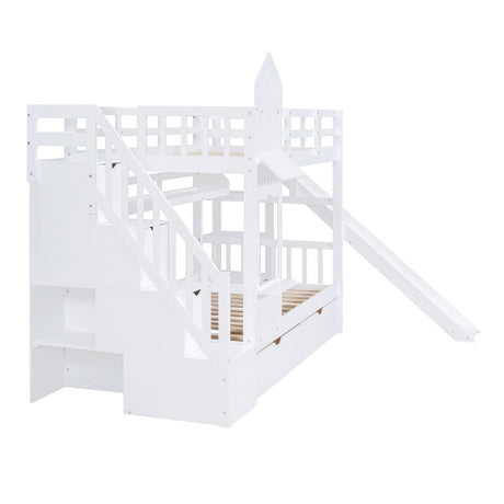 Twin - Over - Twin Solid Wood Castle Style Bunk Bed With Slide - Restanew - Sleep Galleria