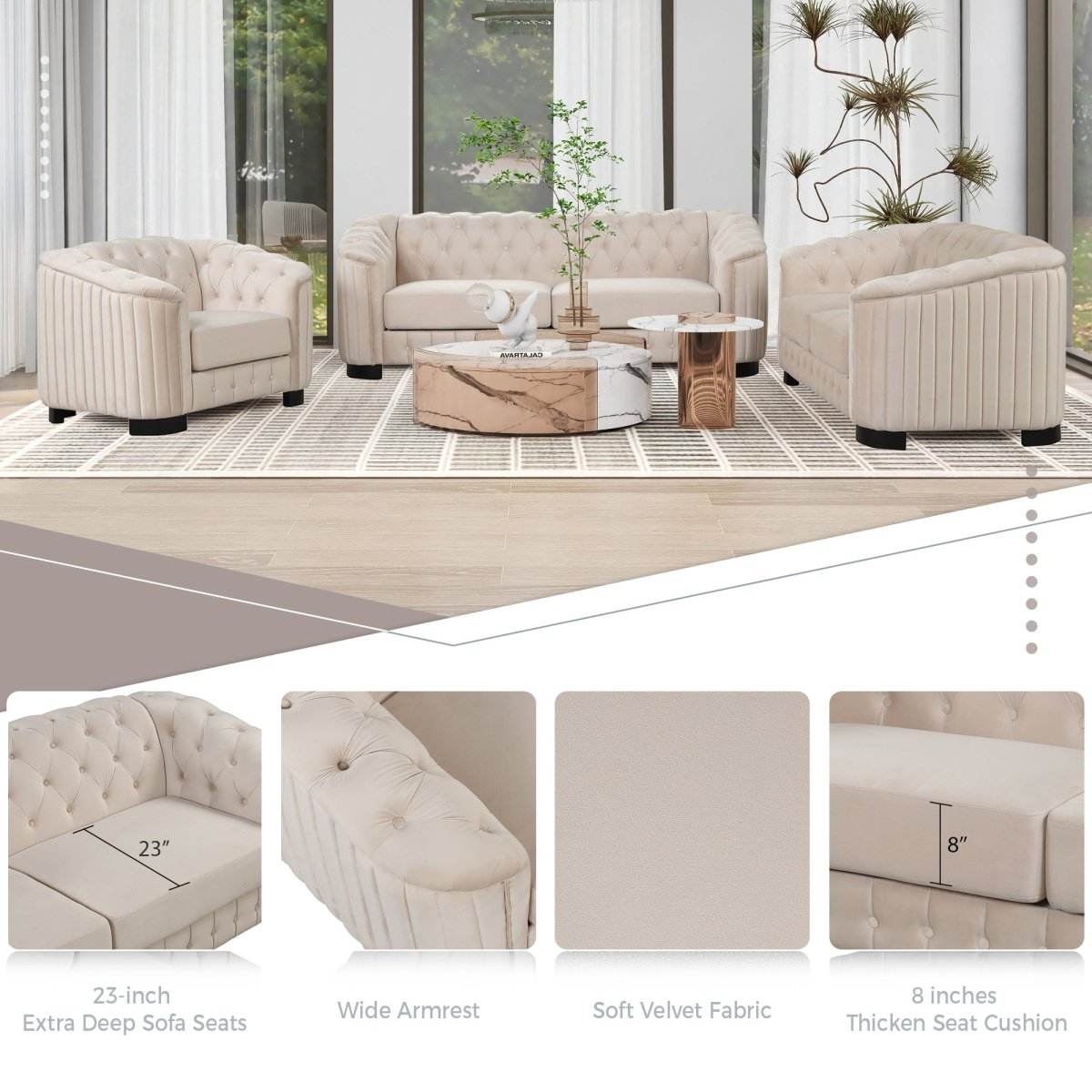 3-Piece Velvet Sofa Set With Rubber Wood Legs - Sleep Galleria