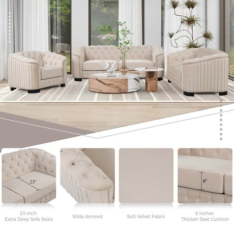 3 - Piece Velvet Sofa Set With Rubber Wood Legs - Serenova - Sleep Galleria