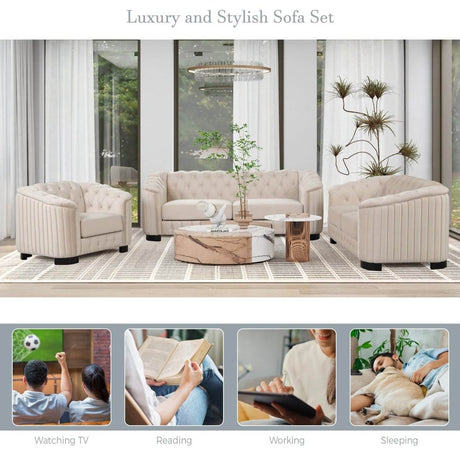 3 - Piece Velvet Sofa Set With Rubber Wood Legs - Serenova - Sleep Galleria