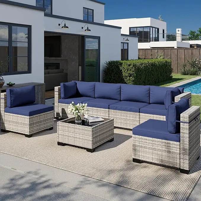 8-Piece Navy Blue PE Wicker Rattan Outdoor Furniture Set - Sleep Galleria