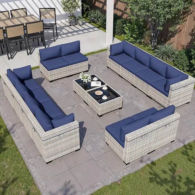 8-Piece Navy Blue PE Wicker Rattan Outdoor Furniture Set - Sleep Galleria