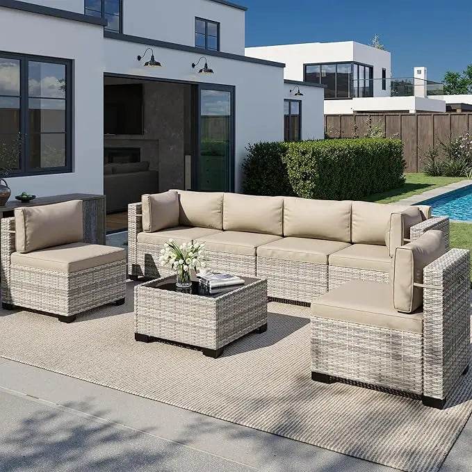 8-Piece Navy Blue PE Wicker Rattan Outdoor Furniture Set - Sleep Galleria