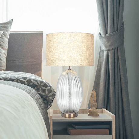 Aurora Ribbed Glass Table Lamp With Linen Shade - Serenova - Sleep Galleria