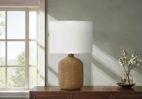 Brown Rattan Ginger Jar Table Lamp With Fabric Shade - Sleep Galleria
