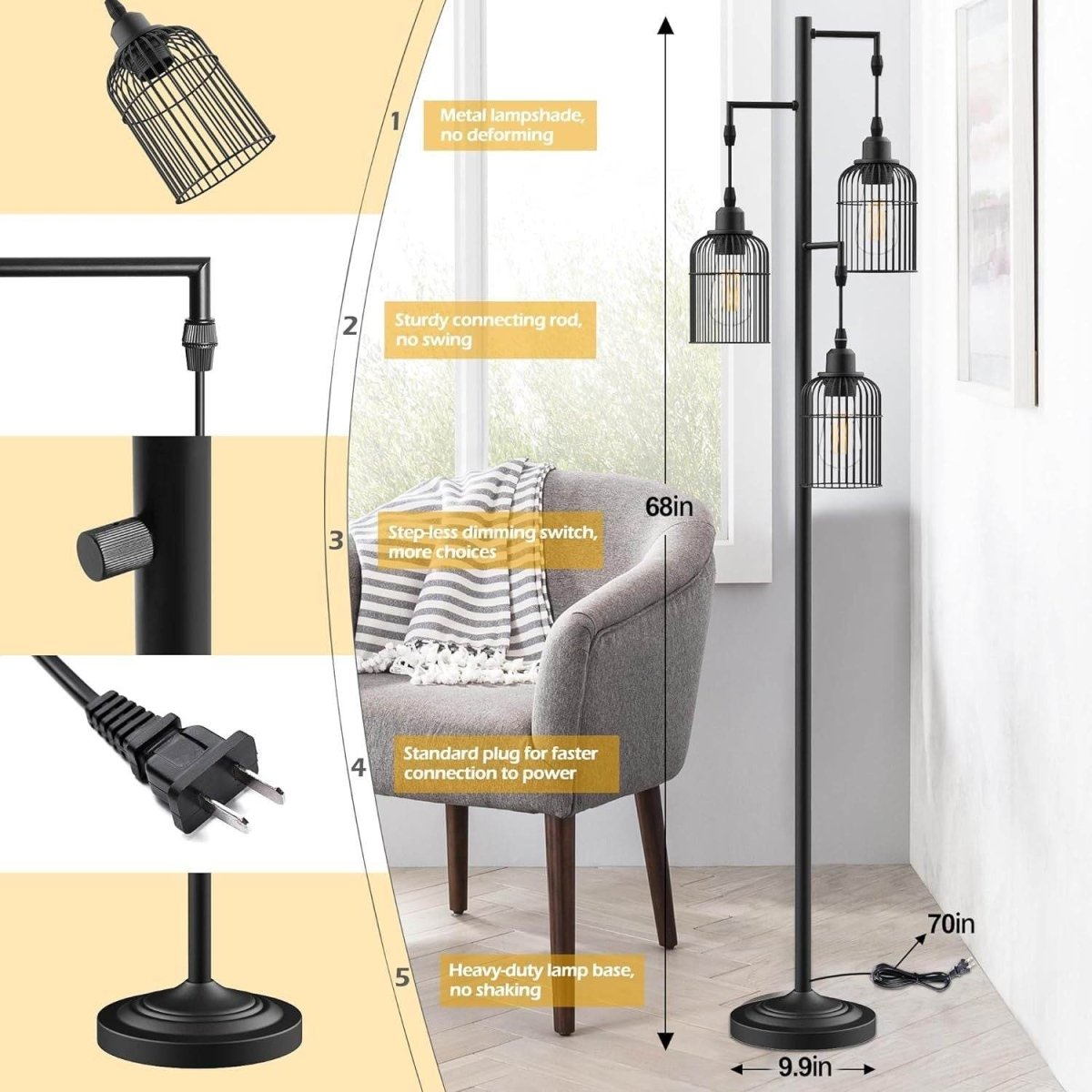 Farmhouse Industrial Metal Floor Lamp With 3 Cage Shades - Serenova - Sleep Galleria