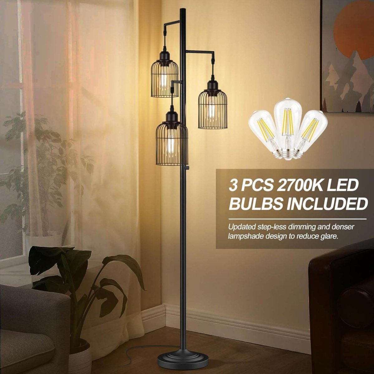 Farmhouse Industrial Metal Floor Lamp With 3 Cage Shades - Serenova - Sleep Galleria