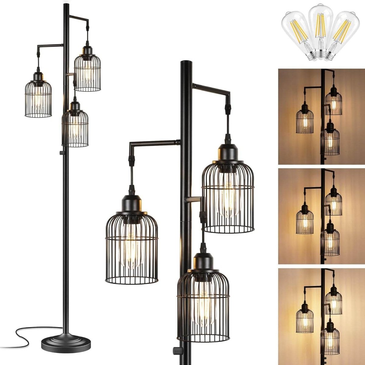 Farmhouse Industrial Metal Floor Lamp With 3 Cage Shades - Serenova - Sleep Galleria