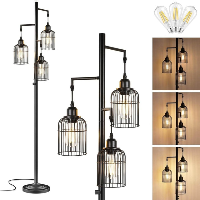 Farmhouse Industrial Metal Floor Lamp With 3 Cage Shades - Serenova - Sleep Galleria
