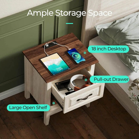 Farmhouse Wood Nightstand With Type-C Charging Station - Sleep Galleria