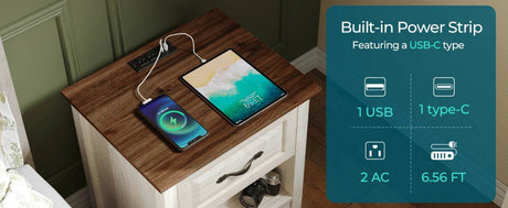 Farmhouse Wood Nightstand With Type-C Charging Station - Sleep Galleria