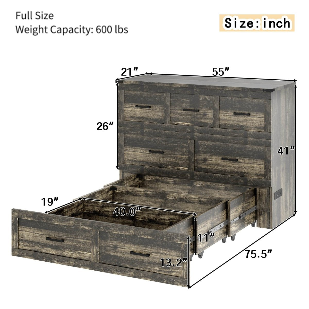 Full Size Murphy Bed Cabinet With Charging Station - Sleep Galleria