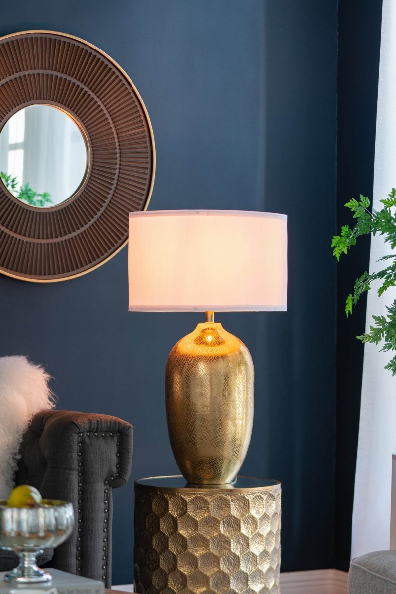 Gold Aluminum Round Table Lamp With White Fabric Shade - Serenova - Sleep Galleria