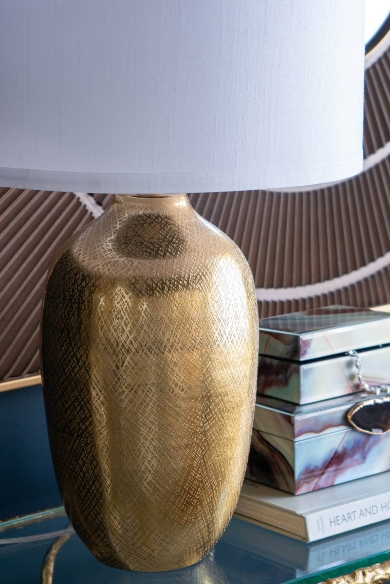 Gold Aluminum Round Table Lamp With White Fabric Shade - Serenova - Sleep Galleria