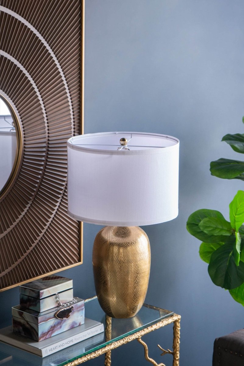 Gold Aluminum Round Table Lamp With White Fabric Shade - Serenova - Sleep Galleria