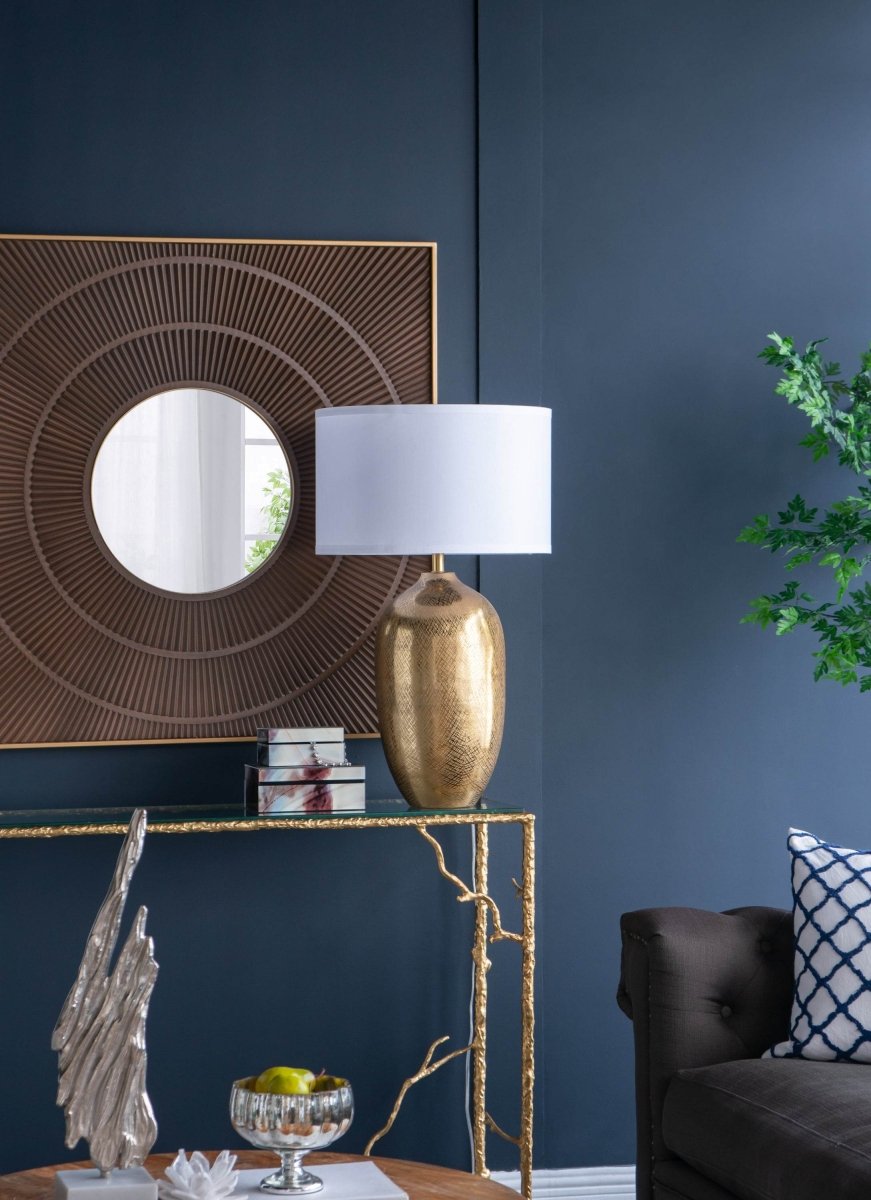 Gold Aluminum Round Table Lamp With White Fabric Shade - Serenova - Sleep Galleria