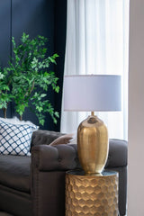 Gold Aluminum Round Table Lamp With White Fabric Shade - Serenova - Sleep Galleria
