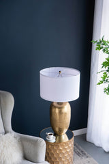 Gold Aluminum Round Table Lamp With White Fabric Shade - Serenova - Sleep Galleria