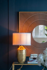Gold Aluminum Round Table Lamp With White Fabric Shade - Serenova - Sleep Galleria