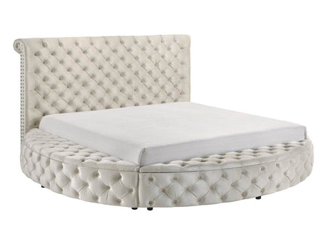 Ivory Velvet Round Button-Tufted Storage Bed Set - Sleep Galleria